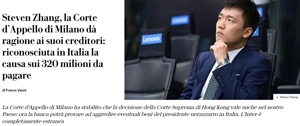 Truyền thông Italy: Tòa án Milan xác nhận phán quyết yêu cầu Zhang Kangyang phải trả hơn 320 triệu euro cho Ngân hàng Xây dựng Trung Quốc sẽ có hiệu lực tại Italy